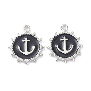 Eco-Friendly Stainless Steel Enamel Pendants, Platinum, Long-Lasting Plated, Flat Round with Anchor, Black, 20x16.5x2.2mm, Hole: 1.9mm