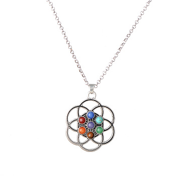 Natural & Synthetic Mixed Stone Beaded Pendant Necklace, Chakra Yoga Theme Alloy Jewelry for Women Men, Flower, 25.98 inch(66cm), Pendant: 38x32mm