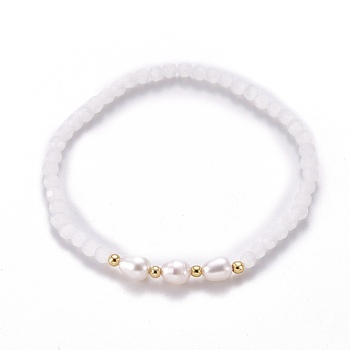 Faceted Glass Beaded Stretch Bracelets, with Natural Pearl Beads and Golden Plated Brass Beads, White, Inner Diameter: 2-1/4 inch(5.7cm)