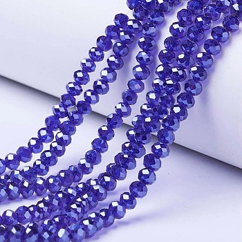 Electroplate Glass Beads Strands, Pearl Luster Plated, Faceted, Rondelle, Medium Blue, 3x2mm, Hole: 0.8mm, about 150~155pcs/strand, 15~16 inch(38~40cm)