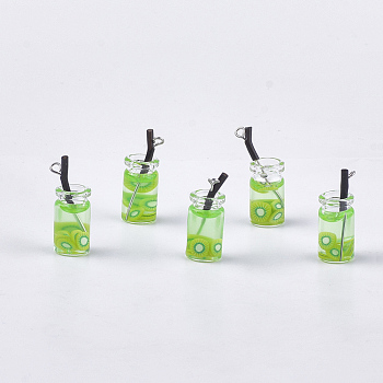 Glass Bottle Pendants, with Resin, Plastic and Iron Findings, Fruit Tea Charms, Platinum, Green Yellow, 25~28x10mm, Hole: 1.8mm