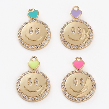 Brass Micro Pave Cubic Zirconia Pendants, with Enamel, Flat Round Smilimg Face, Golden, Mixed Color, 20x15x2.5mm, Hole: 1.4mm