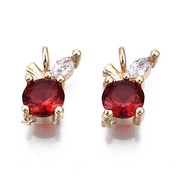 Brass Micro Pave Clear Cubic Zirconia Charms, with Glass, Light Gold, Long-Lasting Plated, Cadmium Free & Lead Free, Apple, Red, 10x6.5x4mm, Hole: 1.6mm