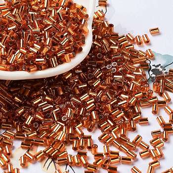 Baking Paint Glass Round Bugle Beads, Silver Lined, Tube, Chocolate, 3.5~3.8x2~2.5mm, Hole: 1.2mm