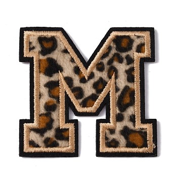 Polyester Computerized Embroidery Cloth Iron On Sequins Patches, Leopard Print Pattern Stick On Patch, Costume Accessories, Appliques, Letter.M, 61x62x1.5mm