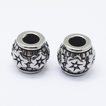 316 Surgical Stainless Steel European Beads, Large Hole Beads, Rondelle with Flower, Antique Silver, 10.5x10mm, Hole: 5mm