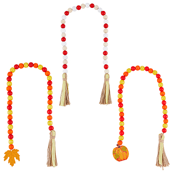 Natural Wood Beaded Pendant Decorations with Tassel Hemp Rope, for Halloween Party Decoration, Pumpkin & Maple Leaf, Mixed Color, 690~850mm, 3pcs/set