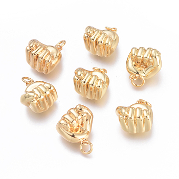 Brass Charms, with Jump Rings, Cadmium Free & Lead Free & Nickel Free, Long-Lasting Plated, Fist, Real 18K Gold Plated, 14x14x11mm, Hole: 3.4mm