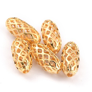 Brass Beads, Long-Lasting Plated, Hollow Out, Rice, Real 24K Gold Plated, 11x5mm, Hole: 1.4mm
