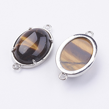 Brass Natural Tiger Eye Links connectors, Oval, Platinum, 15~15.5x25.5~26x6.5~7mm, Hole: 1.5~2mm
