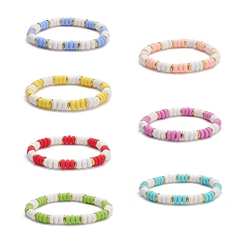Handmade Polymer Clay Heishi Beads Surfering Stretch Bracelets Set, Non-magnetic Synthetic Hematite Beads Power Bracelets for Girl Women, Mixed Color, Inner Diameter: 2-1/8 inch(5.4cm), 7pcs/set