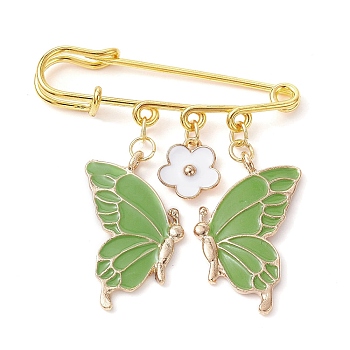 Butterfly & Flower Charm Alloy Enamel Brooches for Women, Iron Safety Pin Brooch, Kilt Pins, Lime Green, 50mm