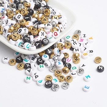 Acrylic Beads, Flat Round with Letter, Mixed Style, Mixed Color, 7x3.5mm, Hole: 1mm