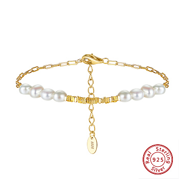 Natural Pearl Beaded Bracelet with 925 Sterling Silver Paperclip Chains, Real 14K Gold Plated, 6-3/4 inch(17.3cm)