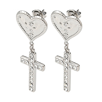 Heart with Cross 304 Stainless Steel Dangle Stud Earrings, with Crystal Rhinestone, Stainless Steel Color, 44x16.5mm