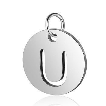 304 Stainless Steel Charms, Flat Round with Letter, Stainless Steel Color, Letter.U, 12x1mm, Hole: 2.5mm