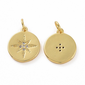 Brass Micro Pave Cubic Zirconia Pendants, Real 18K Gold Plated, with Jump Ring, Flat Round with Star Charms, Clear, 15x13x2mm, Jump Ring: 5x0.8mm, Inner Diameter: 3.2mm