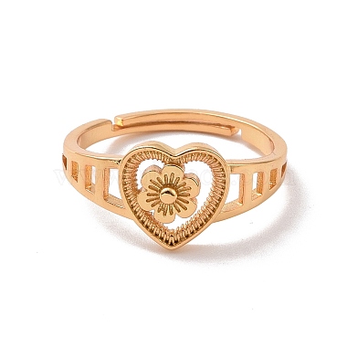 Brass Heart with Flower Adjustable Ring for Women(RJEW-P034-06G)-2