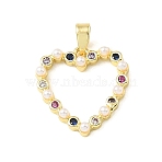 Valentine's Day Brass Micro Pave Colorful Cubic Zirconia Pendants, with Resin & Plastic Pearl, Heart Charms, Cut-Out, Golden, 17x16.5x3mm, Hole: 4x2.5mm(KK-E804-05G)