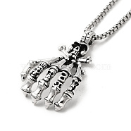 Alloy Skull Hands Pandant Necklace with Box Chains, Gothic Jewelry for Men Women, Antique Silver, 23.54 inch(59.8cm)(NJEW-K245-005)