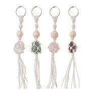 Cotton Thread Macrame Pouch Gemstone Tassel Keychain, with Wood Bead and 304 Stainless Steel Split Key Rings, 17.6~17.9cm(KEYC-JKC00469)