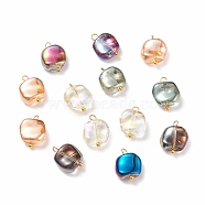 Electroplate Glass Beads Pendants, with Brass Ball Head Pins, Multi-color Plated, Square, Mixed Color, 14~15x11x5~6mm, Hole: 1.5~2.2mm(PALLOY-JF01479)
