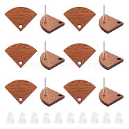 12 Pairs Walnut Wood Fan Stud Earring Findings, with Hole & 304 Stainless Steel Pin & 60Pcs Plastic Ear Nuts, Saddle Brown, 14.5x19mm, Hole: 1.8mm, Pin: 0.7mm(MAK-UN0001-44)