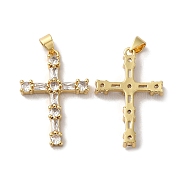 Rack Plating Brass Micro Pave Clear Cubic Zirconia Pendants, Long-Lasting Plated, Lead Free & Cadmium Free, Cross Charm, Religion, Real 18K Gold Plated, 30x20x3.5mm, Hole: 5x3.5mm(KK-F853-01G)
