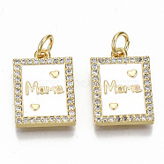 Real 16K Gold Plated Brass Micro Pave Clear Cubic Zirconia Pendants, with Jump Rings and Enamel, for Mother's Day, Nickel Free, Rectangle with Word Mama, White, 16.5x11.5x2mm, Jump Ring: 5x0.8mm, 3.4mm inner diameter(X-ZIRC-S067-194B-NF)