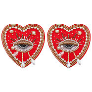 Handmade Polyester Cloth Patches, Sew on Patches, Plastic Imitation Pearl & Glass Beaded Heart with Weeping Eye, Red, 85x84x10mm(PATC-WH0008-08B)