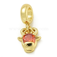 Rack Plating Brass Pave Orange Red Cubic Zirconia Cattle Head European Dangle Charms, Large Hole Pendants, Lead Free & Cadmium Free, Long-Lasting Plated, Real 18K Gold Plated, 10x9x3.5mm, Hole: 4.6mm(KK-Z067-47G)