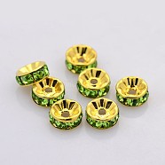 Brass Rhinestone Spacer Beads, Grade A, Straight Flange, Golden Metal Color, Rondelle, Peridot, 6x3mm, Hole: 1mm(RB-A014-Z6mm-07G)