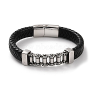 Men's Braided Black PU Leather Cord Bracelets, Chain 304 Stainless Steel Link Bracelets with Magnetic Clasps, Antique Silver, 8-1/2 inch(21.6cm)(BJEW-K243-28AS)