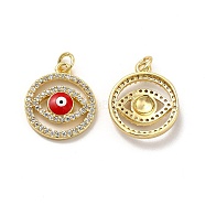 Brass Micro Pave Cubic Zirconia Pendants, with Enamel & Jump Ring, Flat Round with Evil Eye Charm, Golden, Red, 19x16.5x4.5mm, Hole: 3.3mm(KK-E068-VB282-2)