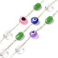 Flat Round with Evil Eye Glass Beaded Chains, with Golden 304 Stainless Steel Paperclip Chains, Unwelded, Green, 6x4mm, 7.5x4.5x3mm(AJEW-J035-04G-02)
