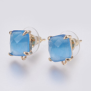 Faceted Glass Stud Earring Findings, with Loop, Light Gold Plated Brass Findings, Square, Deep Sky Blue, 11x10x5mm, Hole: 1mm, Pin: 0.8mm(GLAA-F084-C06)