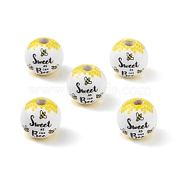 Printed Natural Wood European Beads, Large Hole Bead, Round with Bee and Word Pattern, Yellow, 16mm, Hole: 4mm(WOOD-C015-09A)