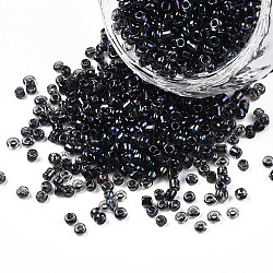 12/0 Glass Seed Beads, Inside Colours, Round Hole, Round, Transparent Colours Rainbow, Black, 12/0, 2~2.5x1.5~2mm, Hole: 0.8mm, about 30000pcs/bag(SEED-A016-2mm-214)