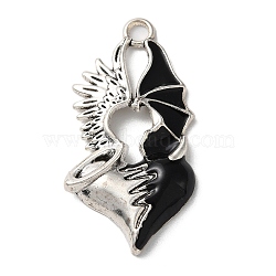 Alloy Pendants, with Black Enamel, Antique Silver, Angels and Demons, Heart, 45x23x4.5mm, Hole: 3mm(ENAM-Q503-02AS-03)