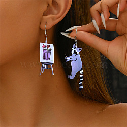 Acrylic Dangle Earrings, Platinum, Animal with Drawing Board, Platinum, Left and Right, Raccoon, 49x20mm & 65x30mm(FS-WG2F752-07)