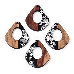 Opaque Resin & Walnut Wood Pendants, Kite Charms with Butterfly Paillettes, Waxed, Silver, 32.5x27.5x3.5mm, Hole: 2mm(RESI-N039-57B)