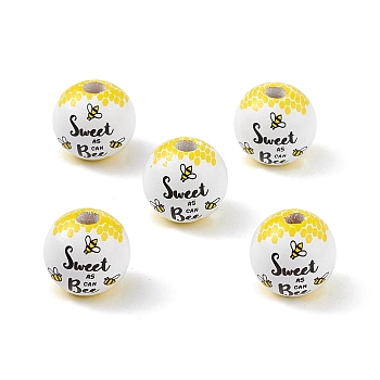 Printed Natural Wood European Beads, Large Hole Bead, Round with Bee and Word Pattern, Yellow, 16mm, Hole: 4mm
