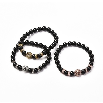 Energy Natural Black Stone Stretch Bracelets Set for Men Women, Tibetan Style Lion Head Bracelets, Inner Diameter: 2-3/8 inch(6cm), 3pcs/set