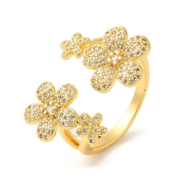 Flower Brass Micro Pave Clear Cubic Zirconia Open Cuff Rings, for Women, Lead Free & Cadmium Free, Real 18K Gold Plated, Inner Diameter: 18mm