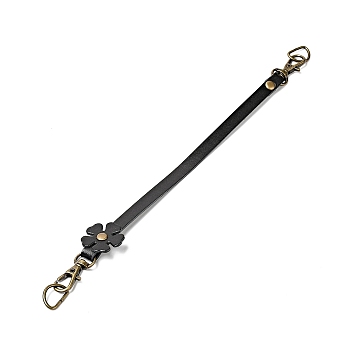 Flower End Cowhide Leather Bag Handles, with Alloy Stud & Iron Swivel Clasp & D Ring, Bag Strap Replacement Accessories, Black, 26.6x1.25x0.6cm