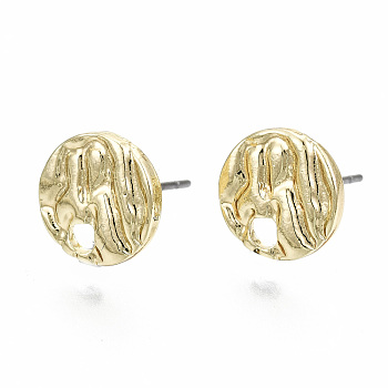 Rack Plating Hammered Alloy Stud Earring Findings, Cadmium Free & Nickel Free & Lead Free, with Steel Pins, Flat Round, Light Gold, 10mm, Hole: 2mm, Pin: 0.7mm