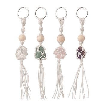 Cotton Thread Macrame Pouch Gemstone Tassel Keychain, with Wood Bead and 304 Stainless Steel Split Key Rings, 17.6~17.9cm