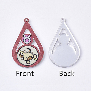 Acrylic Pendants, PVC Printed on the Front, Film and Mirror Effect on the Back, teardrop, with Constellation, Taurus, Taurus, 29.5x18x2mm, Hole: 1.5mm