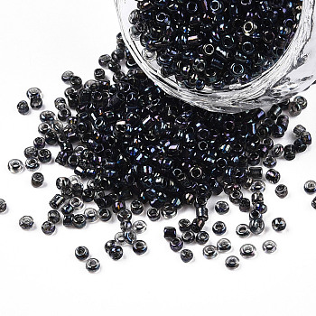 12/0 Glass Seed Beads, Inside Colours, Round Hole, Round, Transparent Colours Rainbow, Black, 12/0, 2~2.5x1.5~2mm, Hole: 0.8mm, about 30000pcs/bag