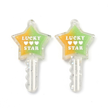 Two Tone Resin Big Pendants, Glitter Powder, Star Key with Word LUCKY & STAR & Heart Pattern, Green, 58x31x6mm, Hole: 2.3mm